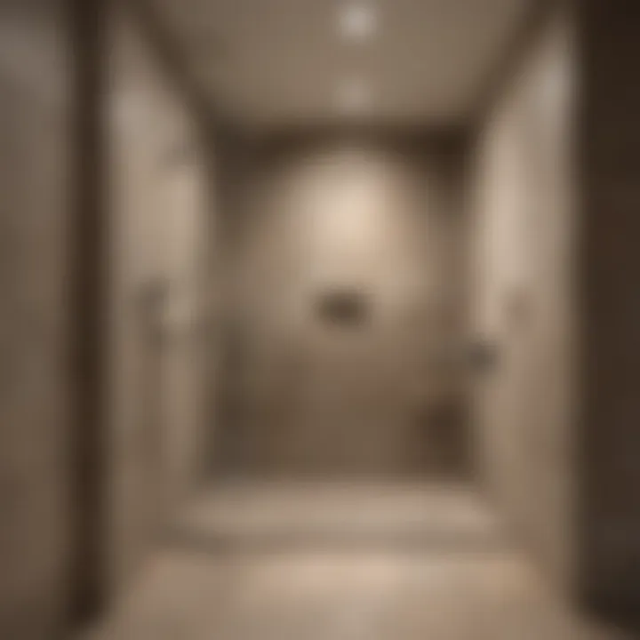 Elegant walk-in shower with natural stone tiles and rainfall showerhead