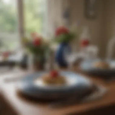 Memorial Day Dining Table Setting A dining table set for a Memorial Day gathering with themed tableware.