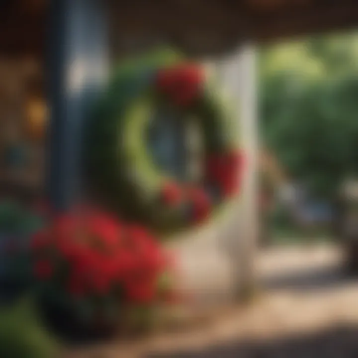 An outdoor space featuring a Memorial Day themed wreath and red flowers.