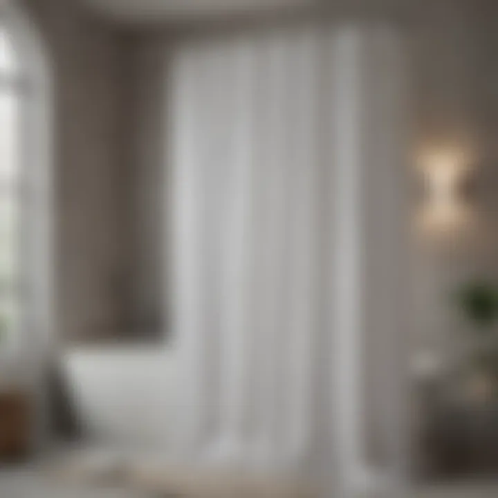 Close-up view of a stylish plastic shower curtain installed in a modern bathroom