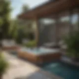 A luxurious outdoor spa setting with elegant furnishings and greenery