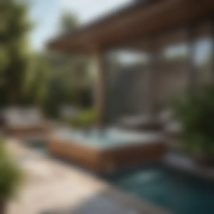 A luxurious outdoor spa setting with elegant furnishings and greenery