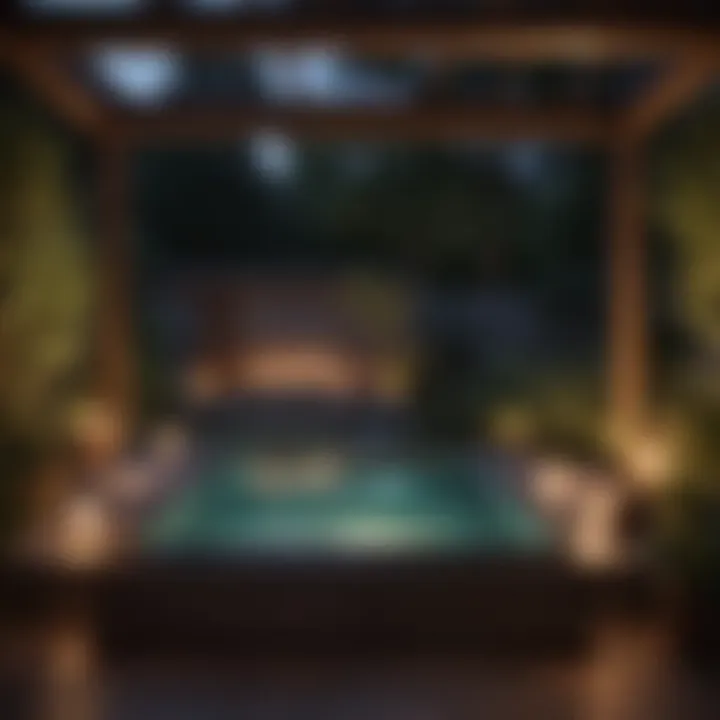 A serene outdoor spa at dusk with ambient lighting