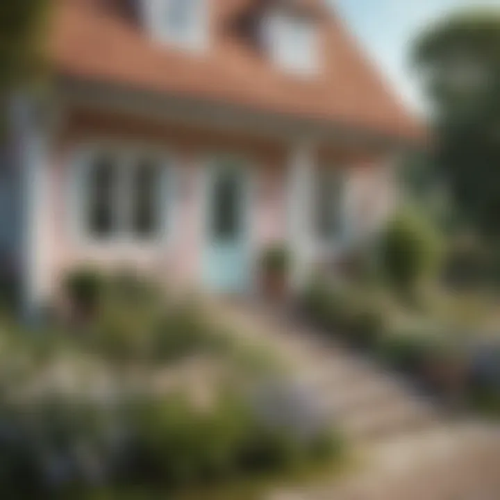 An elegant cottage painted in soft pastel hues, exuding charm and inviting warmth.