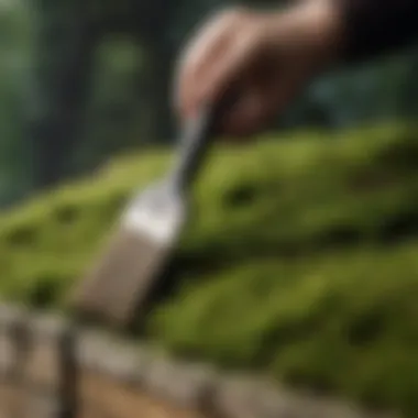 Close-up of moss removal technique using a brush.