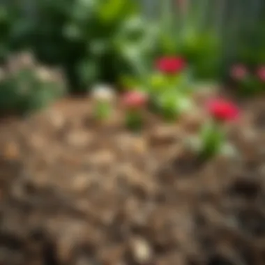 Mulched Flower Bed for Weed Prevention A garden scene with mulch layered over soil to prevent weed growth.