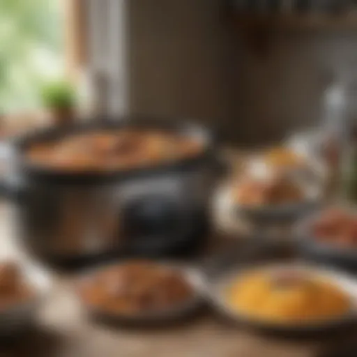 A beautifully arranged table featuring a variety of dishes prepared in a crock pot.