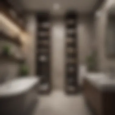 Maximizing Vertical Space with Tall Shelving Tall shelving unit maximizing vertical space in a narrow bathroom