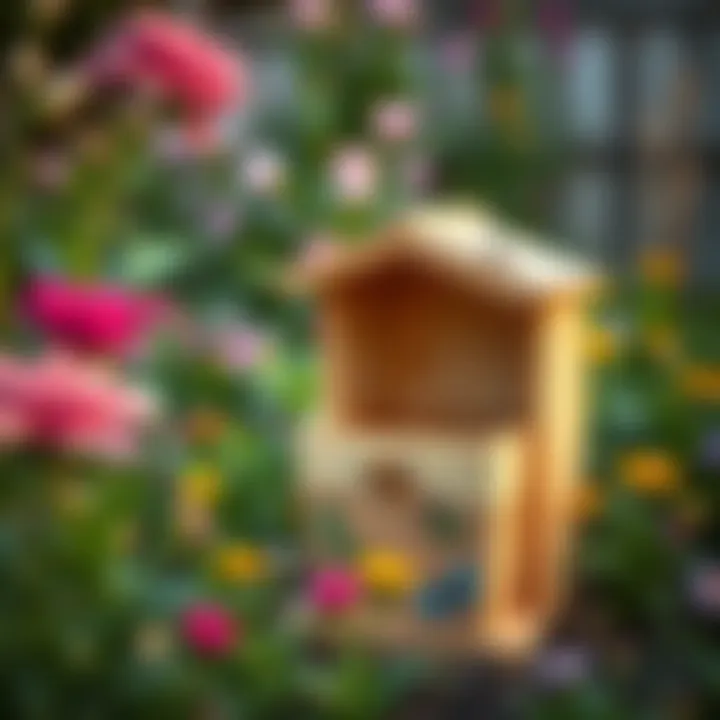 A beautifully crafted bee box set in a vibrant garden