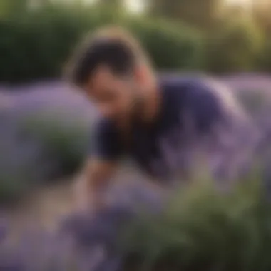 Gardener tending to lavender plants with care