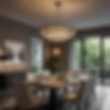 Elegant chandelier illuminated above a stylish dining table, showcasing height dynamics.