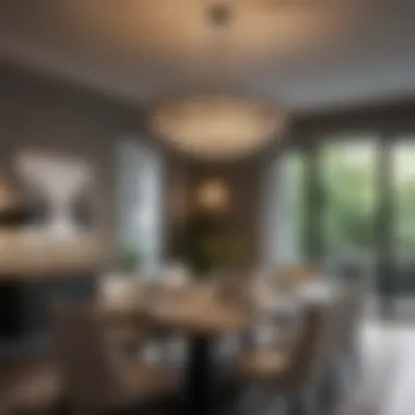 Chandelier Above Dining Table - Elegant Design Elegant chandelier illuminated above a stylish dining table, showcasing height dynamics.