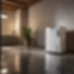 Modern dehumidifier efficiently removing moisture in a basement