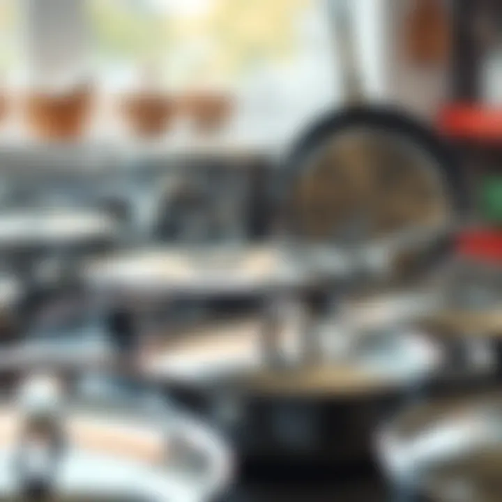 Variety of stainless steel skillets displayed to illustrate different sizes and styles