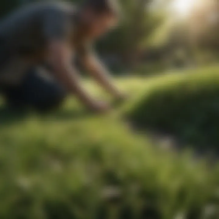 Gardeners observing grass growth conditions