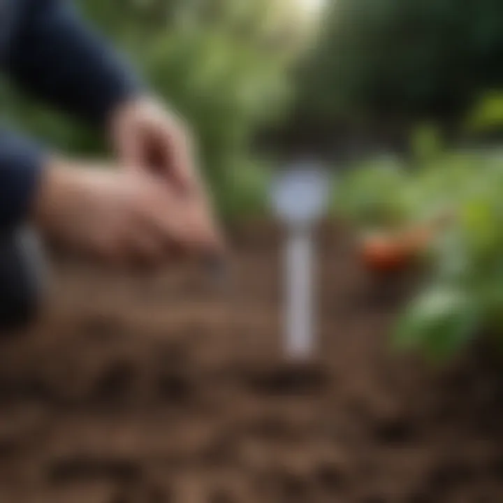 Gardener examining soil temperature with a thermometer