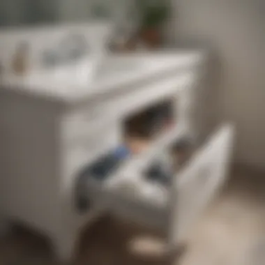 Neatly organized bathroom vanity with clear bins and labels