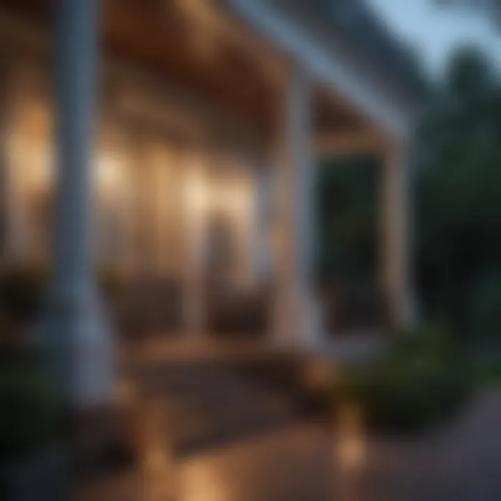 Elegant outdoor lighting illuminating a front porch at dusk