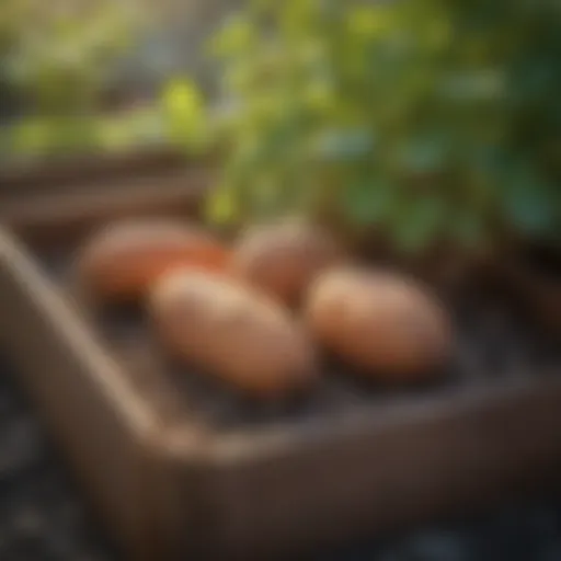 Vibrant sweet potato plants growing in a raised bed