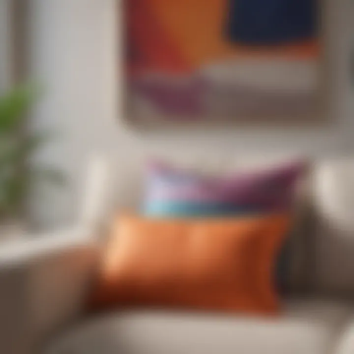 Stylish decor elements featuring a bright throw pillow on a neutral sofa.