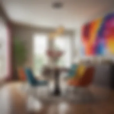 Colorful Artwork in Modern Dining Space A dynamic arrangement of colorful artwork enhancing a modern dining area.