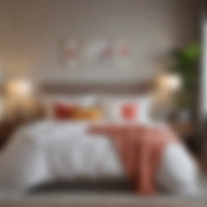 A serene bedroom setting with a subtle splash of color through bed linens.