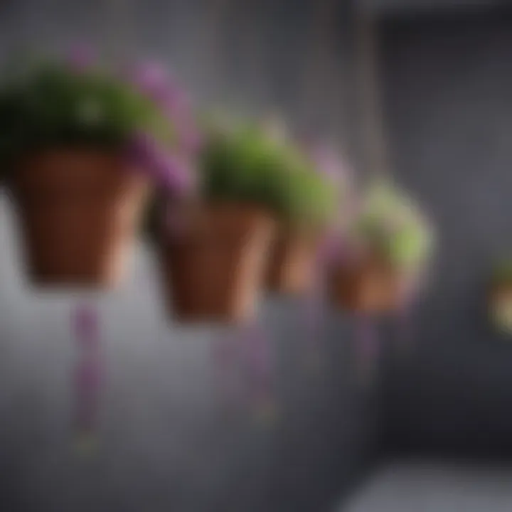 Close-up of purple flowers in hanging pots