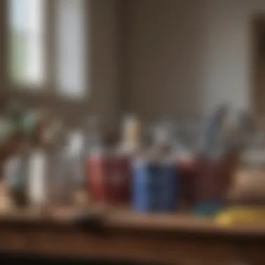 A selection of paint materials and tools arranged aesthetically.