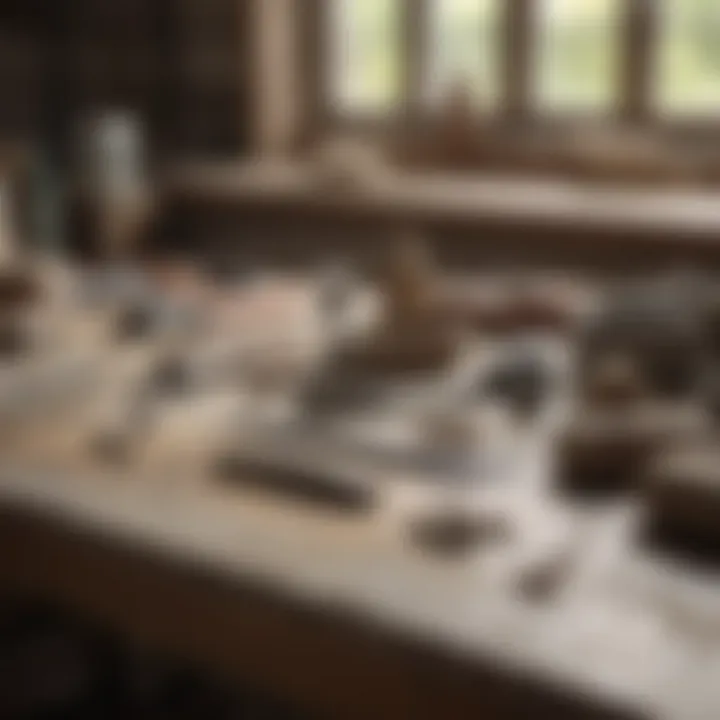 Tools arranged on a workbench for plaster repair