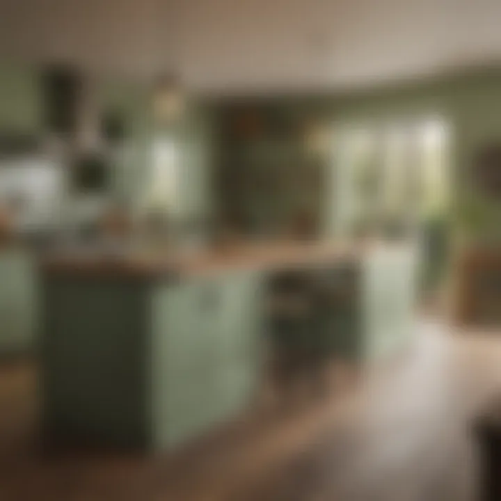 Bright kitchen with sage green walls and wooden accents