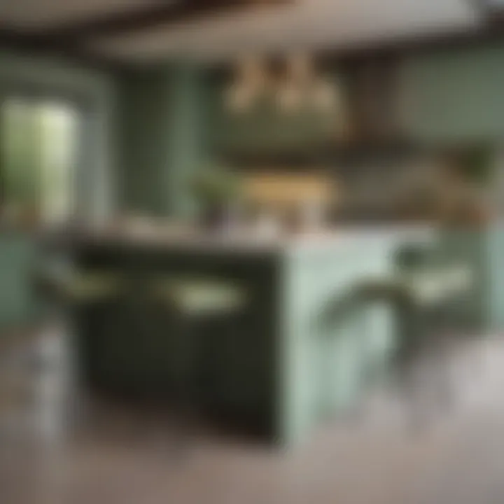 Stylish sage green kitchen island with contemporary stools