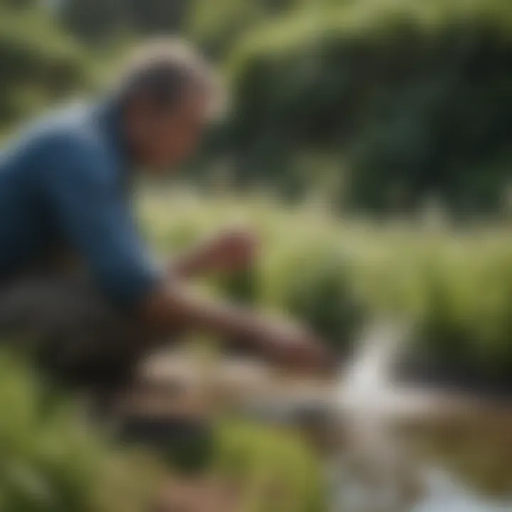 A gardener applying salt water to weeds