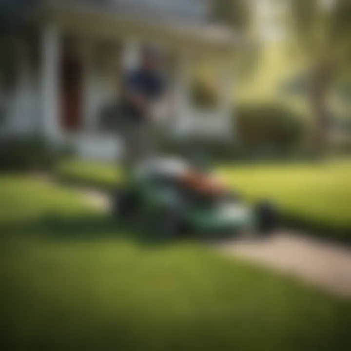 Homeowner applying lawn treatment with a spreader