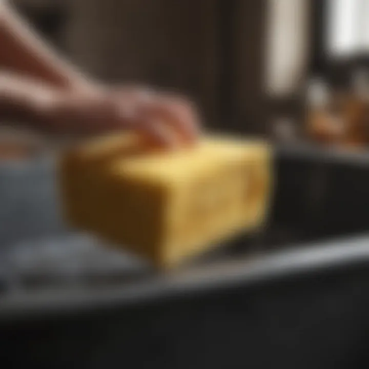 Close-up of a sponge scrubbing the surface of a cast iron bathtub, emphasizing care.