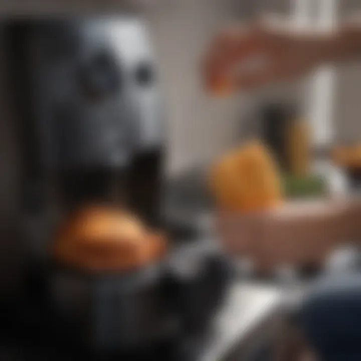 User applying cooking spray to an air fryer basket