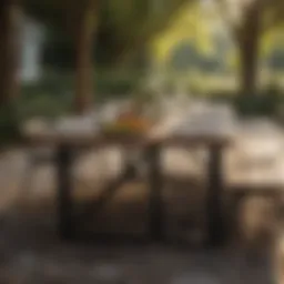 A beautifully arranged outdoor dining table set against a natural backdrop.