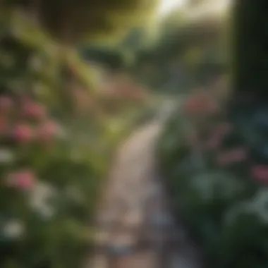 A serene garden with a carefully planned flower path leading to a seating area