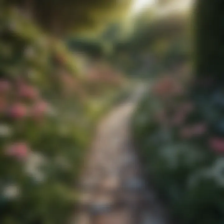A serene garden with a carefully planned flower path leading to a seating area