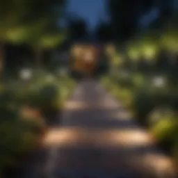 A modern solar powered outdoor smart light illuminating a garden pathway at dusk.