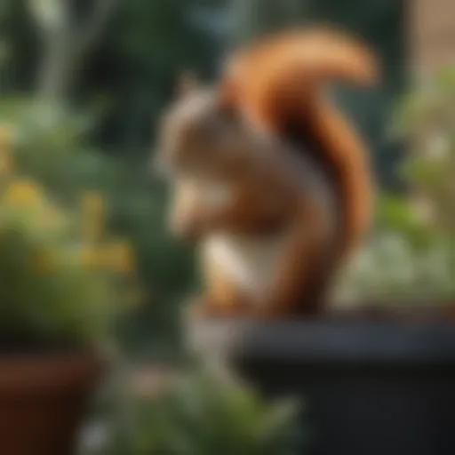 Squirrel observing a garden pot