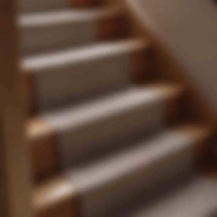 Close-up of a luxurious fabric runner on wooden stairs