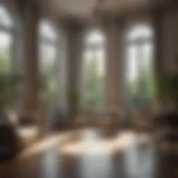 Elegant interior featuring large French windows with natural light