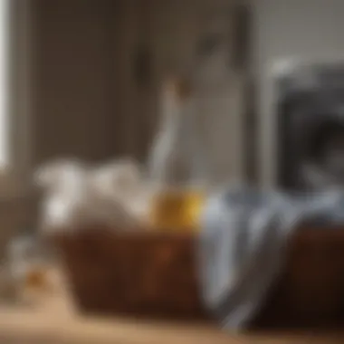 A bottle of vinegar next to a basket of freshly laundered clothes