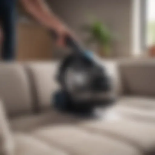 Compact steam cleaner in action on a sofa