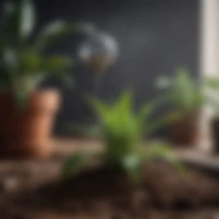 Close-up on a moisture sensor in a potted plant's soil