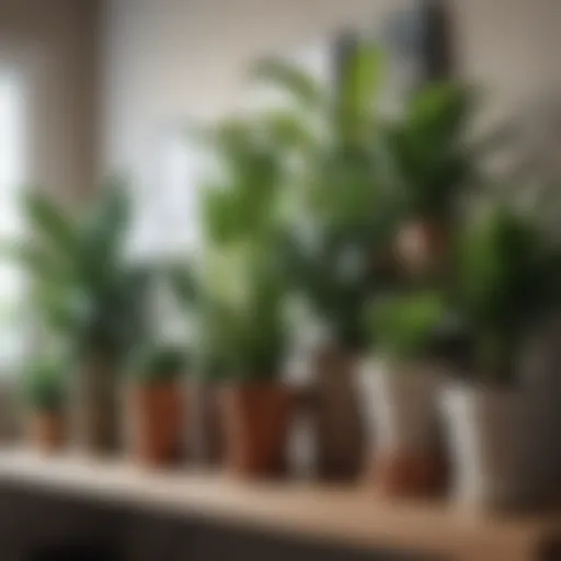 A lush collection of various indoor houseplants arranged on a stylish shelf.