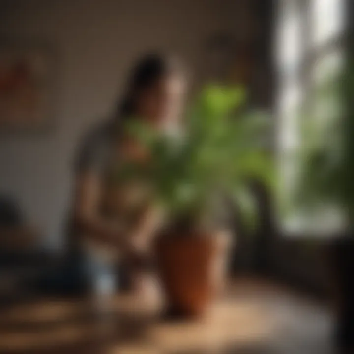 A person watering a beautiful potted plant, showcasing care practices.