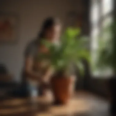 Essential Plant Care Ritual A person watering a beautiful potted plant, showcasing care practices.