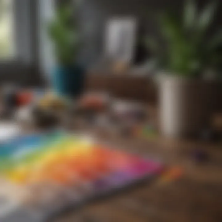An artistic display of colour swatches and design tools