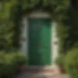 Stunning green door framed by lush greenery